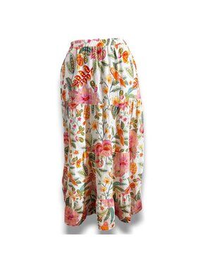Rachel Zoe Womens Floral Tiered Maxi Skirt Linen Blend Elastic Waist White/Multi